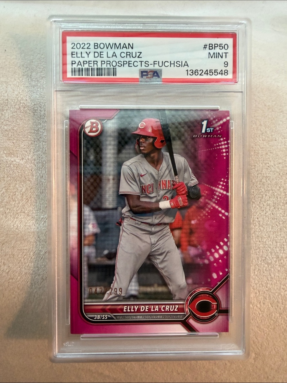 PSA 9 Elly De La Cruz 1st Bowman Fuchsia Prospects Baseball Card /299